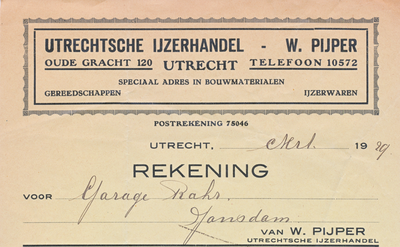 711862 Kop van een nota van W. Pijper, Utrechtsche IJzerhandel, Oude Gracht 120 te Utrecht, ten name van Garage Rahr.